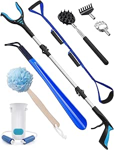 8 in 1 Hip Kit, Seniors Total Hip Replacement After Surgery with 36" Grabber Reacher Tool, Sock Aid Device, Leg Lifter, Long Handle Shoe Horn, Bath Sponge, Telescoping Back Scratcher(Blue)