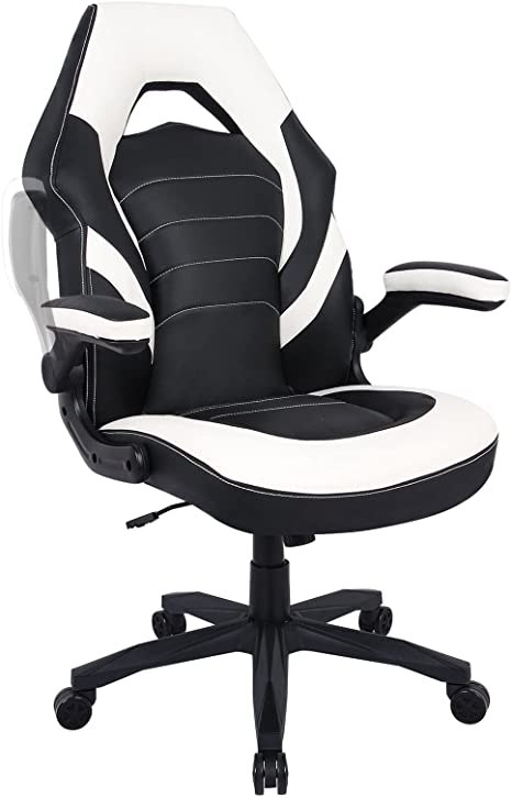 Gaming Chair Racing Computer Desk Executive Office Chair, 360°Swivel Flip-up Arms Ergonomic Design Thick Padding for Lumbar Support Women Men Adults - White