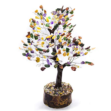 Crocon Natural Healing Gemstone Crystal Bonsai Fortune Money Tree for Good Luck, Wealth & Prosperity Spiritual Gift Size 10-12 Inch (Mix Chakra (Silver Wire))