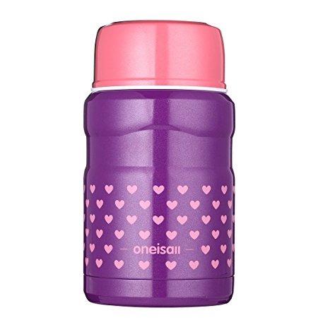 ONEISALL GYBL099 500ML Stainless Steel Soup Thermos with Foldable Spoon and Lunch Bag, Insulated Mini Thermos Food Jar for Kids (Purple)