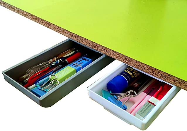 Under Desk Pencil Drawer - Self-Adhesive Attachable Drawer Under Desk Hidden Table Storage Organizer Tray Expandable Pop Up Sliding Holder Box Great for Kitchen Office School 2 Pack White Grey