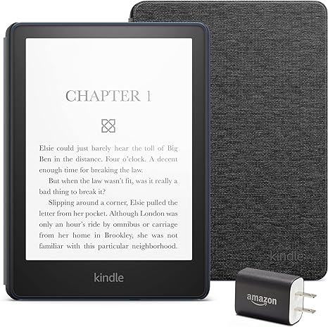 Kindle Paperwhite Essentials Bundle including Kindle Paperwhite (16 GB) - Denim - Without Lockscreen Ads, Fabric Cover - Black, and Power Adapter