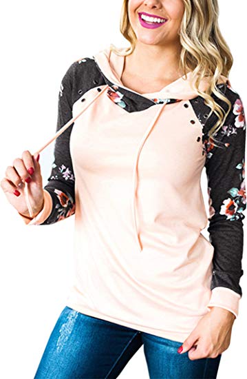 Angashion Women Hoodies-Tops- Floral Printed Long Sleeve Pocket Drawstring Sweatshirt with Pocket