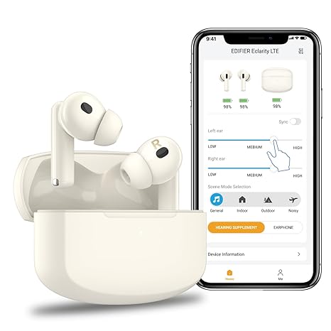 EDIFIER OTC Hearing Aids, Auto-Self Fitting, APP Control with Noise Reduction Mode Change, Bluetooth Hearing Aids Suitable for Mild to Moderate Hearing Loss Eclarity LTE (Beige)