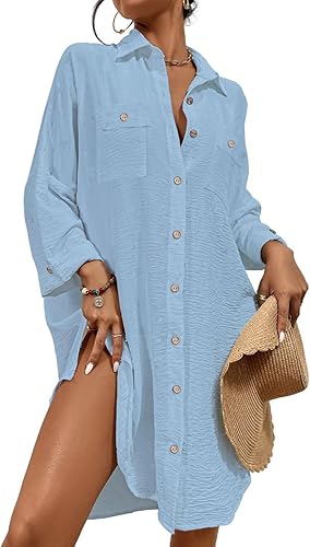 Bsubseach Womens Modern Swimsuit Cover Up Blouse Button Down Shirt Dresses Tops