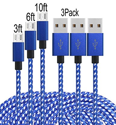 Frieso 3Pack 3FT 6FT 10FT Premium Micro USB Charging Cable High Speed Extra Long USB Charger for Android,Samsung,Nexus, HTC, Motorola, Nokia,HUAWEI and More.(Blue white)