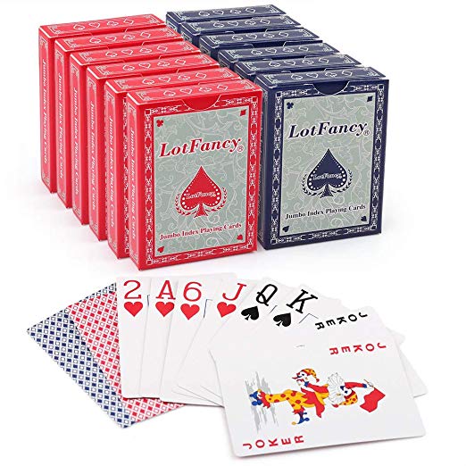 LotFancy Playing Cards, Decks of Cards, Jumbo Index, Poker Size, Large Print, for Texas Hold'em, Blackjack, Pinochle, Euchre, Cards Games, Blue and Red
