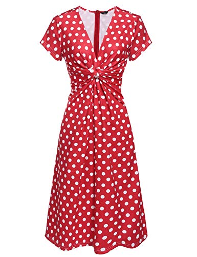 Acevog Women's V-Shirt Short Sleeve 1940s / 42s Pitch Point-style One-piece Dress,Medium,Red