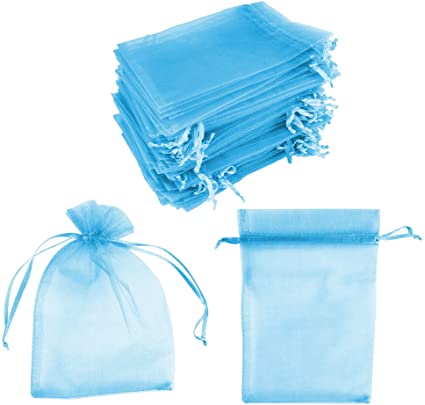 100 Pack 5x7 Inch Mini Sheer Drawstring Organza Transparent Bags Jewelry Sack Pouches for Wedding, Party Decorations, Arts & Crafts Gifts (Light Blue)