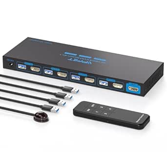 USB 3.0 KVM Switch 4 Computers 1 Monitor 4K@60HZ HDMI 4 Port KVM Switches for 4 PC Share 1 Monitor and 4 USB 3.0 Devices, Such as Keyboard Mouse Printer, with Wireless Controller and 4 USB 3.0 Cables