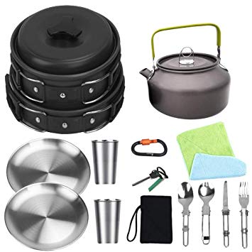 Bisgear Camping Cookware Kettle Pot Pan Mess Kit Stainless Steel Cup Plates Utensil Backpacking Gear Bug Out Bag Cooking Equipment Picnic Cookset Carabiner & Fire Starter for 2 Person