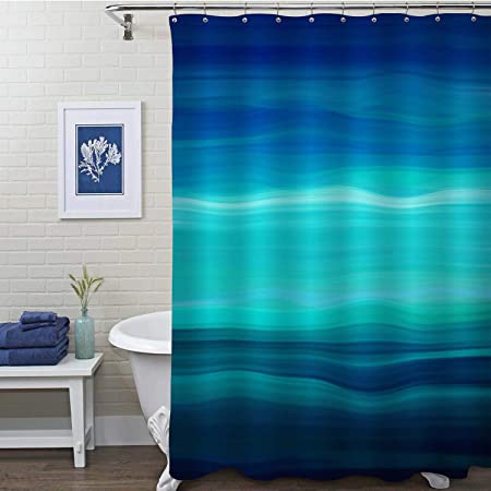 MitoVilla Blue Ombre Striped Shower Curtain, Abstract Ocean Waves Geometric Art Print Bathroom Accessories for Contemporary Home Decorations, Navy, Blue, Turquoise, 72 W x 78 L Long for Bathtub