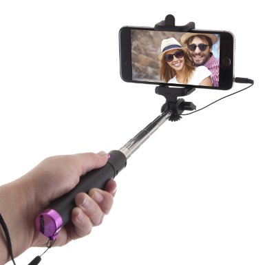 The Best Selfie Stick Wired With Cable Battery Free No Bluetooth for Apple iPhone 6 5 and Samsung Galaxy and Android Phones Pink