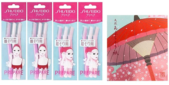 PREPARE Shiseido Facial And Eyebrow Razor for Women, Pack of 4 (Facial 2 Pieces   Eyebrow 2 Pieces) Includes Oil Blotting Paper - You just need to touch it gently【Original Washi Package】 (Hnafubuki)