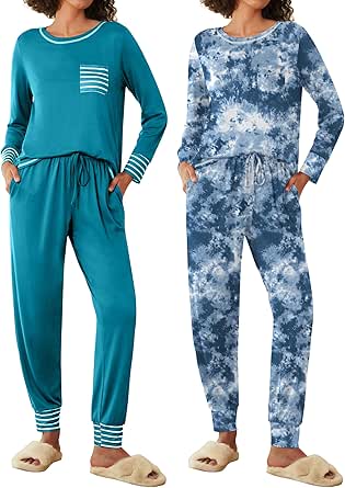 Ekouaer 2 Pack Womens Pajama Sets Long Sleeve Lounge Sets Soft Pj Sleepwear with Jogger Pants