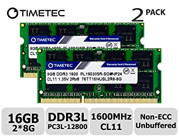 Timetec Hynix IC DDR3L 1600MHz PC3-12800 Unbuffered Non-ECC 1.35V CL11 2Rx8 Dual Rank 204 Pin SODIMM Laptop Notebook Computer Memory RAM Module Upgrade (16GB Kit (2x8GB))