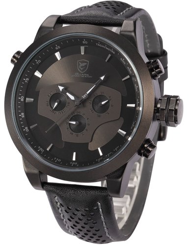 Black Requiem Shark Series Dual Time Zone Analog Date Day Mens Leather Strap Sport Wrist Watch SH210