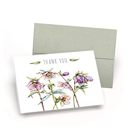 Set of Thank You Note Cards - Watercolor Flower Blossoms (10 Cards   Sage Green Envelopes) - By Palmer Street Press