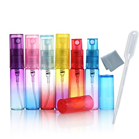 Elfenstall- 12PCS Mini 5ml Colorful Glass Refillable Atomizer Perfume Empty Bottle Fine Mist Atomizer Pump Spray for Travel with Glass Clean Cloth 3Ml Pipette Dropper