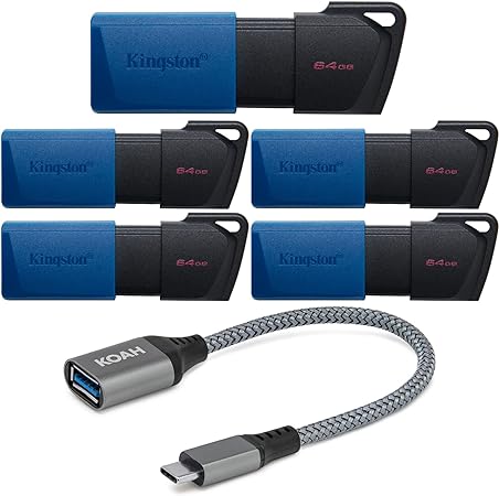 Kingston DataTraveler Exodia M 64GB USB 3.2 Flash Drive (5-Pack) Bundle with USB 3.0 to USB-C Adapter (11 Items)