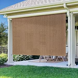 Artpuch Outdoor Roller Shade 8'(W) x6'(H) Fabric Blind Walnut 220GSM Roll Up Shade, Wand Operation Exterior Roller Shade Cloth for Patio Porch Gazebo, Spliced of Two Sections