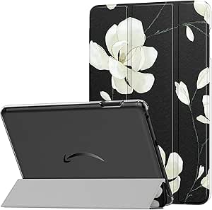 MoKo Case Fits Amazon Kindle Fire HD 8 & 8 Plus Tablet (12/10th Gen,2024/2022/2020), PU Leather Trifold Stand Cover with Translucent Frosted Backshell with Auto Wake/Sleep, Black & White Magnolia