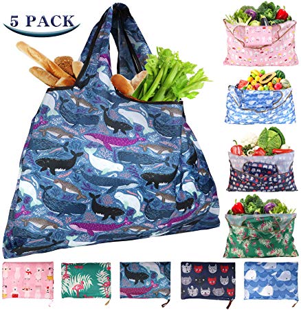 Reusable Grocery Bags Shopping Bags Foldable Washable 55LBS XX-Large Heavy Duty Cloth Shopping Bags Eco-Friendly Ripstop Waterproof Fits in Pocket, 5-Pack Cute Cat Bear Flamingo Dolphin Fish Printing