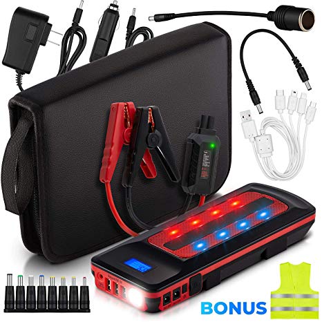 1000A Peak 21600mAh Car Jump Starter Battery Pack Portable (Up to 8.0L Gas, 6.0L Diesel Engine) 12V External Power Bank Charger Smart Emergency Auto Start Phone Booster, Cables, Cigarette Lighter
