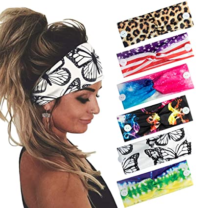 fani 6Pcs Mask Holding headband with Buttons, Protect Ears Stretchy Colorful Headbands National Flag Pattern Leopard Print Fashion Butterfly Pattern Head Accessories for Men & Women and Doctor Nurse