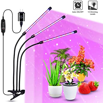 FSGTEK 60W LED Grow lights for Indoor Plants, Tri-arms 10 Dimmable Levels Clip-On Desk Growing Lamp for Seedling, Blooming, with Red/Blue Spectrum, Adjustable Gooseneck, 3 9 12H Timer, AC Adapter