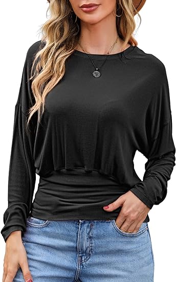 Dokotoo Womens Dolman Sleeve Tops Casual Crewneck Long Sleeve Banded Bottom Tops Ribbed Knit Thin T-Shirts with Shirring