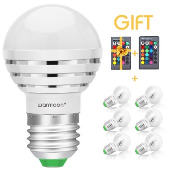 Warmoon E26/E27 LED Bulbs,3W RGB Color Changing Mood Ambiance LED Lamp Dimmable with IR Remote Control (Pack of 6)