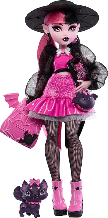 Monster High Draculaura Doll with Pet Bat-Cat Count Fabulous and Accessories like Backpack, Spell Book, Bento Box and More