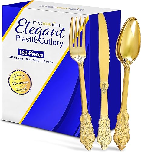 160 Gold Plastic Silverware Set- 80 Gold Forks, 40 Gold Spoons, 40 Gold Knives, Heavy Duty Disposable Utensils, Heavyweight Cutlery, Elegant Flatware for Dinner Party, Wedding, Holiday Parties