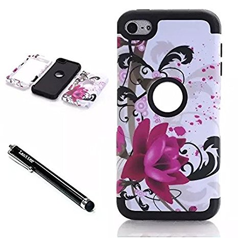iPod Touch 6th Generation Case,Lantier 3 Layers Verge Hybrid Soft Silicone Hard Plastic TUFF Triple Quakeproof Drop Resistance Protective Case Cover with Stylus Lotus Design/Black