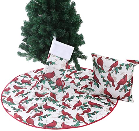 FLASH WORLD Christmas Robin Tree Skirt, 48 Inch Xmas Tree Skirt with Red Bird and Green Leaf Pattern for Xmas Tree Decorations and Ornaments(White and Red)