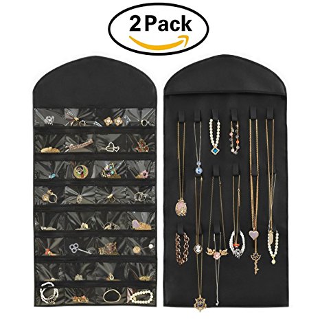 HIPPIH 2 Pack 32 Pockets 18 Hook and Loops Jewelry Scroll Closet Hanging Non-Woven Organizer Holder,Black