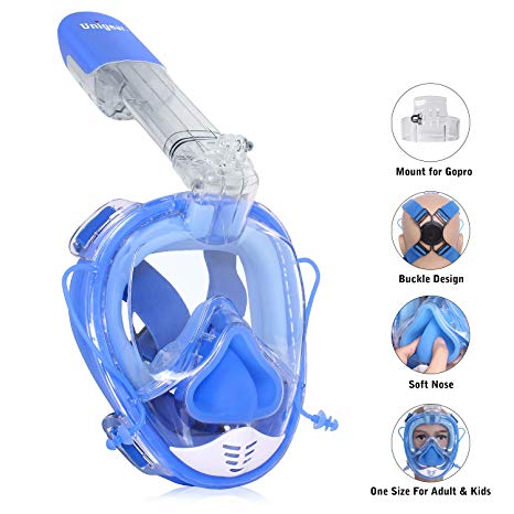 Unigear Full Face Snorkel Mask with Detachable Camera Mount, 180°Panoramic View Ear Pressure Balance Anti-Fog Anti-Leak Snorkeling mask, Universal Size for Adults and Youth