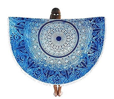 Hippie Beach Towel,SENYANG Mandala Handicrafts Tassel Fringe Ombre Round Beach Towel ,Beach Throw, Indian Mandala Tapestry, Yoga Mat, Picnic Mat , Table throw, Table cover (Classical- Blue)
