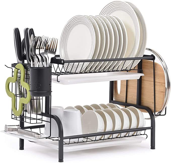 TOMORAL Dish Rack, 304 Stainless Steel 2 Tier Dish Drying Rack with Drain Board, Utensil Holder, Cutting Board Holder, Rustproof Dish Drainer for Kitchen Countertop, (Black)
