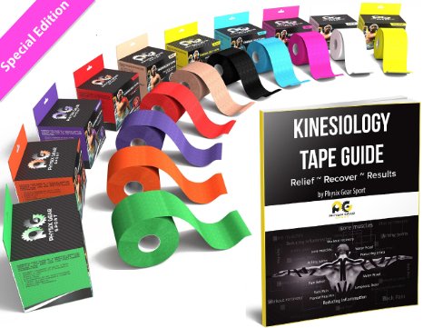 Kinesiology Tape - Pain Relief Adhesive - Best Therapeutic Muscle Support Aid -FREE 82pg EBOOK Taping Guide- Sports Wrap for Plantar Fasciitis Shin Splints Knee Elbow Wrist Back Shoulder Ankle and Neck