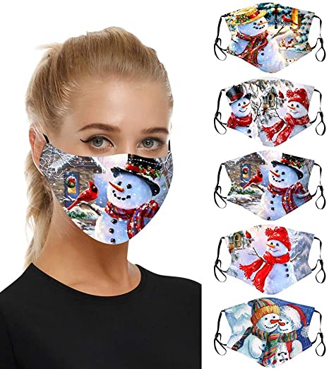E-SCENERY 5PC Christmas Print Reusable Face Covering Bandanas Washable Earloop Outdoor Dust Windproof for Women Men
