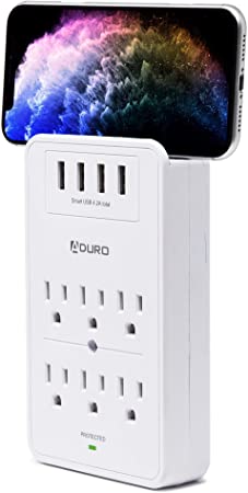 Aduro Surge Protector 6 Outlets Power Strip Station with USB (4 Ports 4.8A) Wall Mount Multiple Outlet Splitter Extender Adapter with Phone Shelf Stand ETL Listed, White
