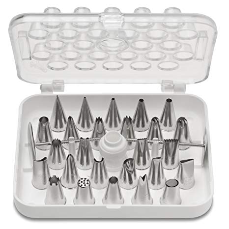 Ateco 782-29 Piece Cake Decorating Set, Includes 26 Stainless Steel Tubes, 1 Standard Coupler, 2 Flower Nails in Hinged Storage Box