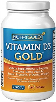 Nutrigold Vitamin D3 5000 Iu GMO-Free, Preservative-Free, Soy-Free, USP Grade Natural Vitamin D In Organic Olive Oil Mini Softgels, 180 Count