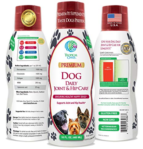 VETERINARIAN DEVELOPED Liquid Hip and Joint Supplement for Dogs w/Glucosamine, Chondroitin, MSM, Hyaluronic Acid and Collagen - Fast Joint Relief for Dogs - Great Taste! -16oz, up to 128 Serv.