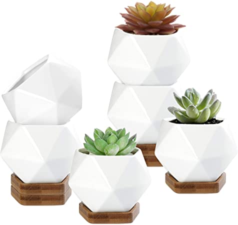 MyGift Ceramic Geometric 3-Inch Mini Planters with Removable Bamboo Trays, Set of 6
