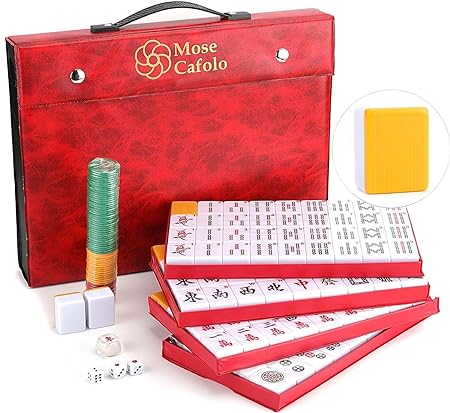 Mose Cafolo Chinese Mahjong Game Set Large 144 Numbered Large Melamine Tiles (Yellow) with Carrying Travel Case 2 Spare Tiles, 3 Dice and a Wind Indicator - (Mah Jong, Mahjongg, Mah Jongg, Majiang)