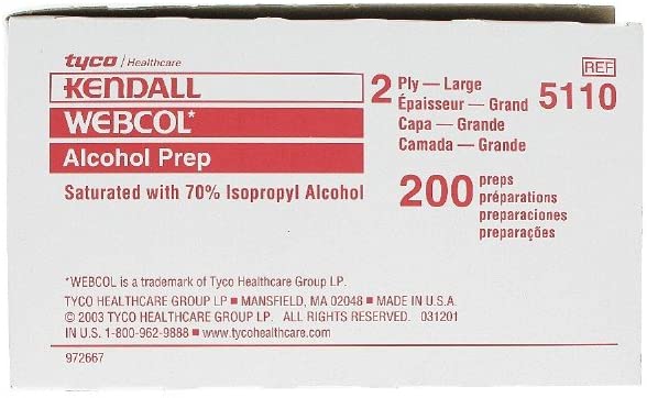 Kendall Webcol Large (2 Ply) Alcohol Preps, 200 per Carton (685110) Category: Insulin Injectors and Syringes