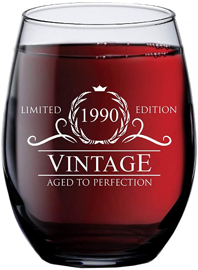1990 30th Birthday Gifts for Women Men - 15 oz Stemless Wine Glass - 30 Year Old Gift Present Ideas for Mom Dad - Funny Vintage Unique Personalized - Party Anniversary Reunion Decorations Supplies